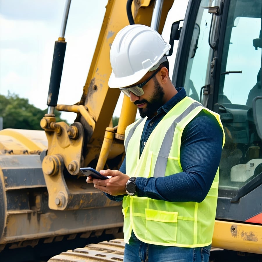 Tech performs equipment inspections on a jobsite using his mobile device